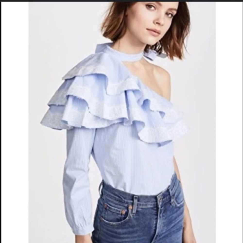 Veronica Beard Isla one sleeve stripe blouse size 0 blue white